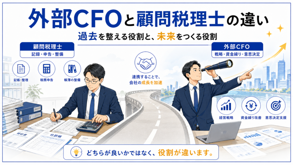 外部CFOと顧問税理士の違いの図解。過去を整える税理士と未来をつくる外部CFOの役割の対比