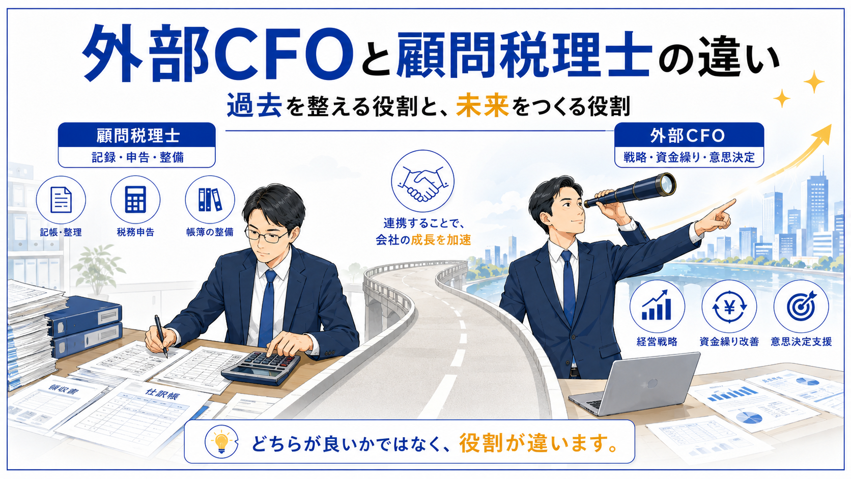 外部CFOと顧問税理士の違いの図解。過去を整える税理士と未来をつくる外部CFOの役割の対比
