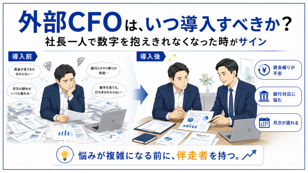 外部CFOをいつ導入すべきかの図解。社長一人で数字を抱えきれなくなった時が導入のサイン