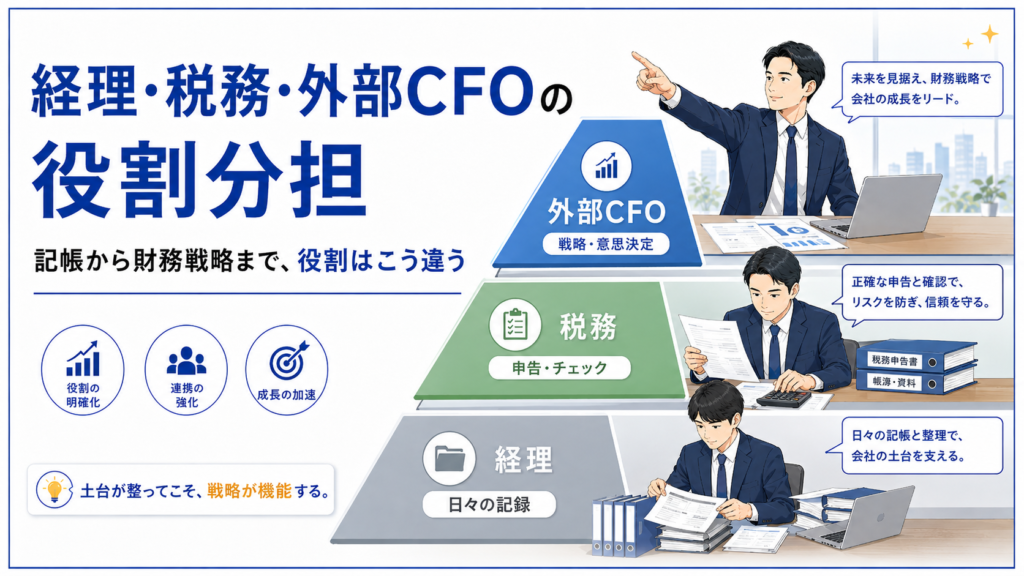 経理・税務・外部CFOの役割分担の図解。記帳から財務戦略までの担当範囲の違い