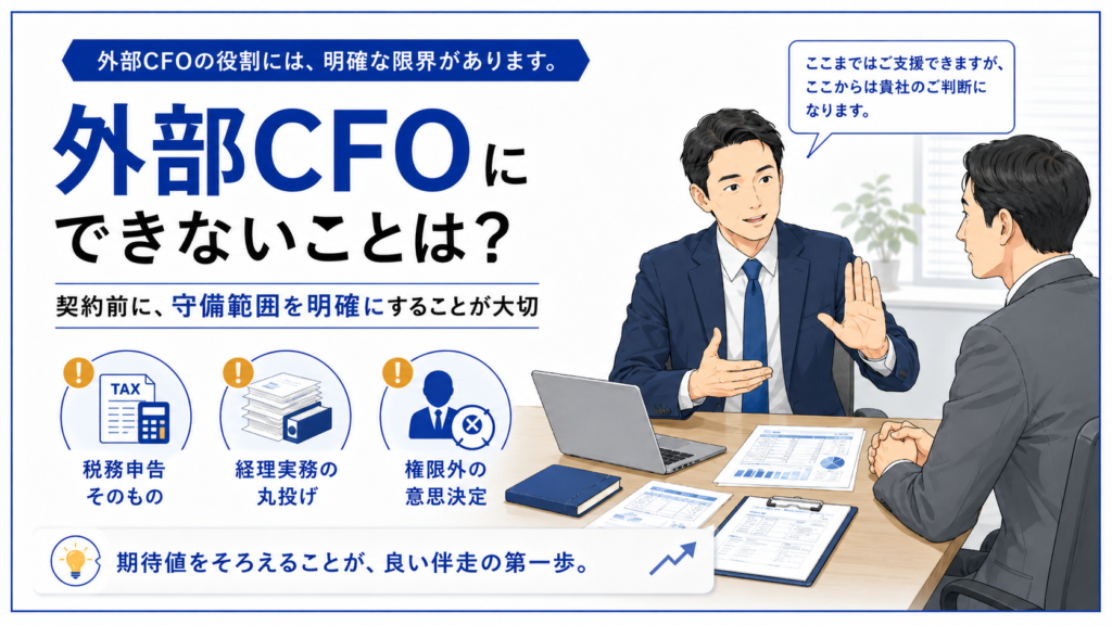 外部CFOにできないことの図解。税務申告そのもの・経理実務の丸投げ・権限外の意思決定は守備範囲外