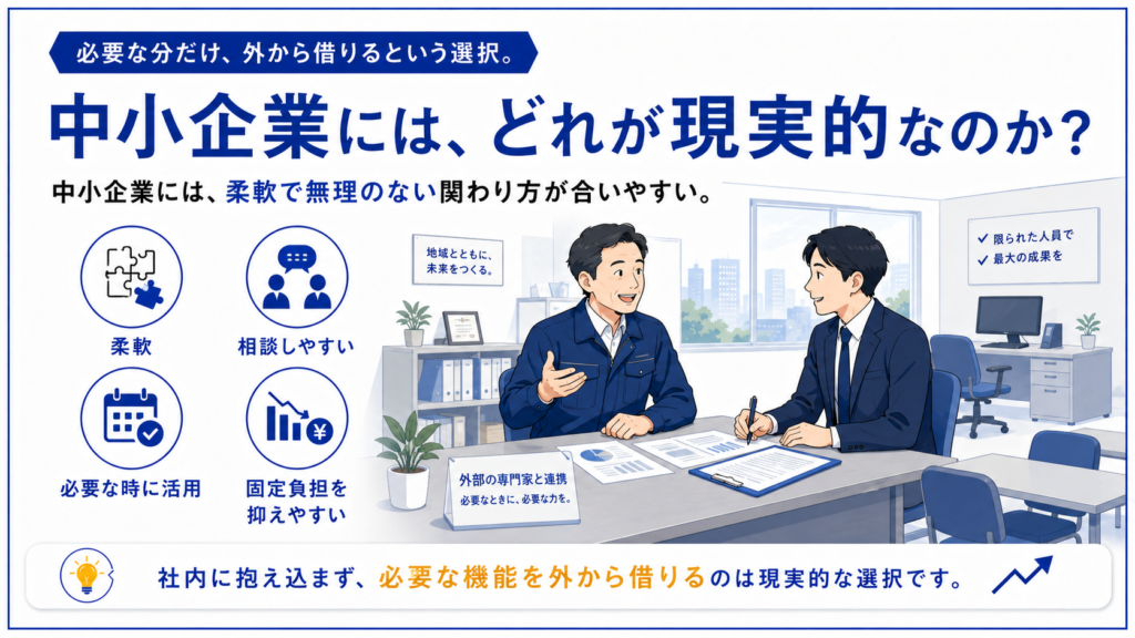 作業着の経営者と外部の専門家がオフィスで資料を前に相談する様子を描いた図解。柔軟・相談しやすい・必要な時に活用・固定負担を抑えやすいの4要素で、社内に抱え込まず必要な分だけ外から借りる、中小企業にはどれが現実的かを示す。