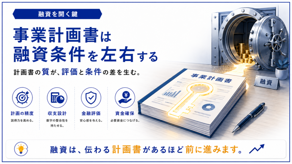 鍵の模様が浮かぶ事業計画書と、光を放って開く金庫を並べた図解。計画の精度・収支設計・金融評価・資金確保の4要素で、計画書の質が評価と条件の差を生み、事業計画書が融資条件を左右する様子を鍵と金庫のメタファーで示す。